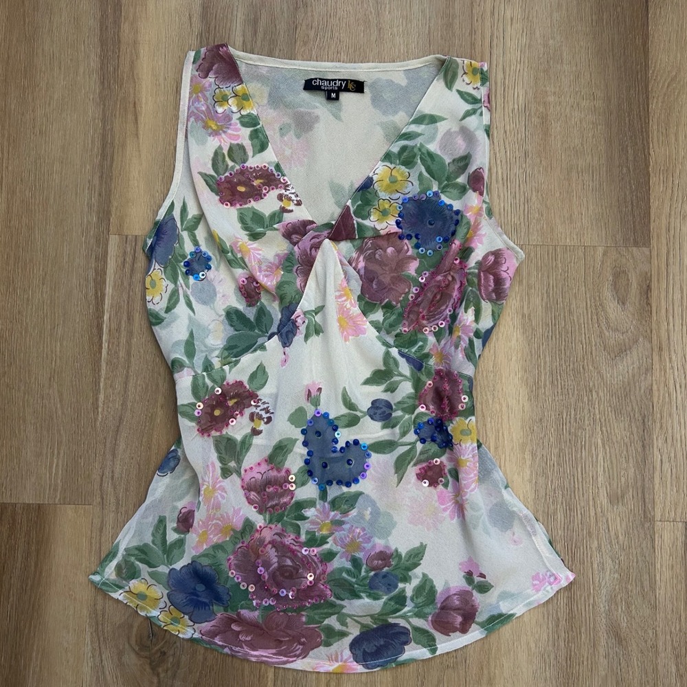 Vintage Sheer Floral Sequin Georgette Tank Top Blouse M fairy whimsy